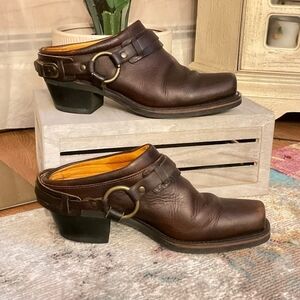Frye Brown Leather Mule Clogs with Brass Ring Detail